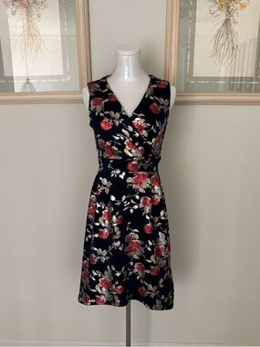 Navy Gold Floral Wrap Dress with Rose Print